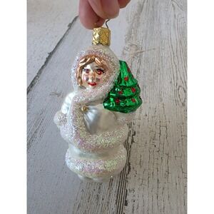 Vintage inge glas Germany snow Eskimo girl glitter ornament Xmas tree white